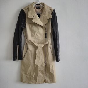 Mackage Mixed Media Trench Coat Leather Sleeves Khaki Edgy Chic